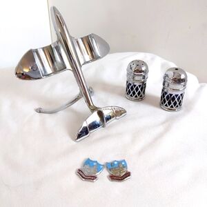Vintage 1950s Chrome Jet plane Cruet set salt pepper shakers silver blue